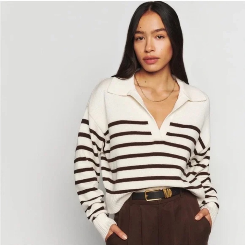 Reformation Francesco Cotton Polo Sweater size M Medium cream brown stripe